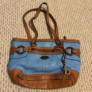 Blue and Brown Leather Tote Bag